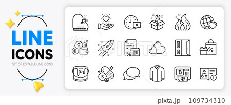 Time, Sulfur mineral and Open door line icons set for app include Shirt, Calendar tax, Messenger outline thin icon. Technical algorithm, Bitcoin atm, Spanner pictogram icon. Vector 109734310