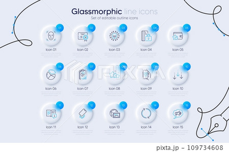Set of Smartphone broken, Report and Pie chart line icons for web app. Stars, Web photo, Blocked card icons. Scroll down, Megaphone, Parking app signs. Reject certificate, Cyber attack, Manual. Vector 109734608