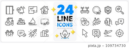 Icons set of Lift, Star target and Wifi line icons pack for app with Decreasing graph, Notification received, Cyber attack thin outline icon. Statistic, Vr, Safe water pictogram. Vector 109734730