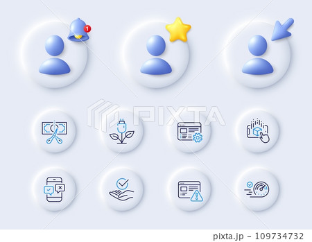 Speedometer, Cut tax and Web settings line icons. Placeholder with 3d cursor, bell, star. Pack of Phone survey, Approved, Eco power icon. Internet warning, Augmented reality pictogram. Vector 109734732