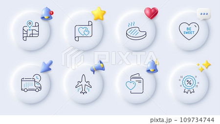 Discount, Grilled steak and Delivery line icons. Buttons with 3d bell, chat speech, cursor. Pack of Plane, Map, Love document icon. Love letter, Be sweet pictogram. For web app, printing. Vector Discount, Grilled steak and Delivery line icons. Buttons with 3d bell, chat speech, cursor. Pack of Plane, Map, Love document icon. Love letter, Be sweet pictogram. For web app, printing. Vector 109734744