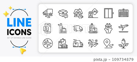 Delivery truck, Eco power and Delivery route line icons set for app include Pin marker, Secret package, Baggage belt outline thin icon. Luggage belt, Gas station, Ship pictogram icon. Vector 109734879