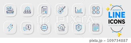 Fake news, Dot plot and Inspect line icons for web app. Pack of Power, Shield, Payment received pictogram icons. Pickup, Electric guitar, Calendar signs. Money currency, Teamwork, Attachment. Vector 109734887