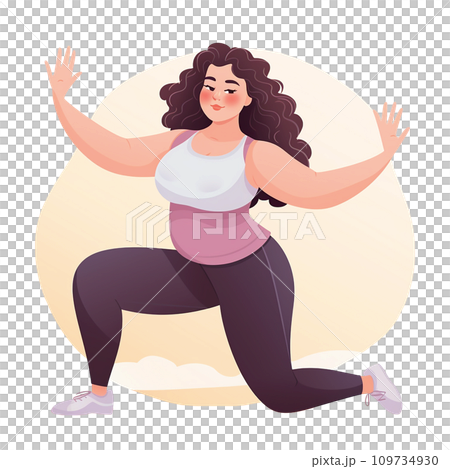 flat illustration of a plus size girl doing exercises. lifestyle, yoga exercises. modern style cartoon 109734930