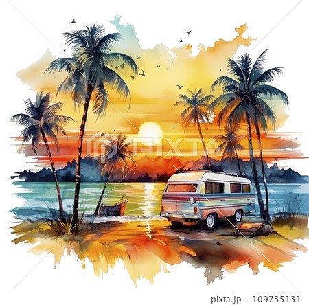 watercolor drawing, sunset landscape by the sea with a mobile home. car travel, beautiful tropical landscape with palm trees and sea watercolor drawing, sunset landscape by the sea with a mobile home. car travel, beautiful tropical landscape with palm trees and sea 109735131