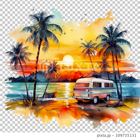 watercolor drawing, sunset landscape by the sea with a mobile home. car travel, beautiful tropical landscape with palm trees and sea watercolor drawing, sunset landscape by the sea with a mobile home. car travel, beautiful tropical landscape with palm trees and sea 109735131