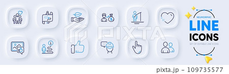 Like photo, Like and Support line icons for web app. Pack of Salary, Leaf, Journey path pictogram icons. Friendship, Cursor, Foreman signs. Fisherman, Users, Heart. Thumbs up, Good reaction. Vector Like photo, Like and Support line icons for web app. Pack of Salary, Leaf, Journey path pictogram icons. Friendship, Cursor, Foreman signs. Fisherman, Users, Heart. Thumbs up, Good reaction. Vector 109735577