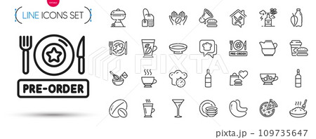 Pack of Food donation, Grill and Food delivery line icons. Include Cooking timer, Porridge, Soy nut pictogram icons. Latte, Tea bag, Seafood signs. Cooking whisk, Dishes, Cold coffee. Vector Pack of Food donation, Grill and Food delivery line icons. Include Cooking timer, Porridge, Soy nut pictogram icons. Latte, Tea bag, Seafood signs. Cooking whisk, Dishes, Cold coffee. Vector 109735647