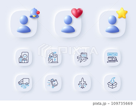 Inventory cart, Carry-on baggage and Moving service line icons. Placeholder with 3d bell, star, heart. Pack of Shuttle bus, Plane, Delivery route icon. Diesel station, Select flight pictogram. Vector Inventory cart, Carry-on baggage and Moving service line icons. Placeholder with 3d bell, star, heart. Pack of Shuttle bus, Plane, Delivery route icon. Diesel station, Select flight pictogram. Vector 109735669