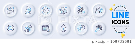 Calendar, Oil serum and Time change line icons for web app. Pack of Patient, Charging time, Chemistry lab pictogram icons. Bitcoin system, Coronavirus vaccine, Deflation signs. Vitamin. Vector 109735691