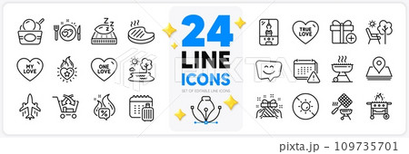 Icons set of One love, Grilled steak and Gas grill line icons pack for app with Smile face, No sun, Mattress thin outline icon. Notification, Grill, Gift pictogram. Baggage calendar. Vector Icons set of One love, Grilled steak and Gas grill line icons pack for app with Smile face, No sun, Mattress thin outline icon. Notification, Grill, Gift pictogram. Baggage calendar. Vector 109735701