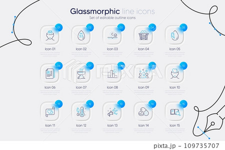 Set of Cv documents, Stress and Coal trolley line icons for web app. Ole chant, Decreasing graph, Medical drugs icons. Thermometer, Search book, Ph neutral signs. Mental health, Squad. Vector 109735707