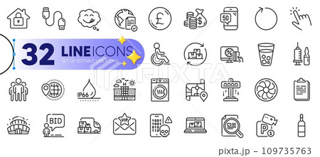 Outline set of Group, Arena stadium and Medical vaccination line icons for web with Web inventory, Auction, Fan engine thin icon. Charging cable, Hotel, Online voting pictogram icon. Vector 109735763