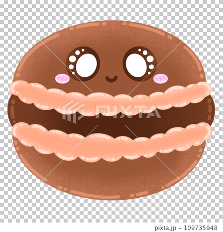 Cute Chocolate Brown Macaron Mascot Character Kawaii Cartoon illustration French Dessert Cute Dessert 109735948