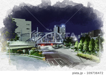 水彩画風 横浜 桜木町 桜木町一丁目交差点 神奈川県横浜市 水彩画風 横浜 桜木町 桜木町一丁目交差点 神奈川県横浜市 109736472