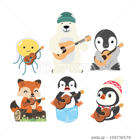 Animal holding guitar cartoon set 109736579