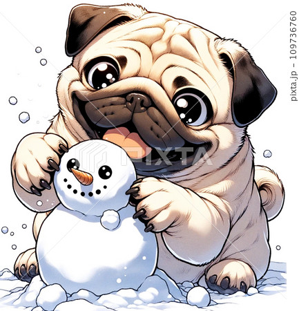 雪の中で遊ぶパグ 109736760