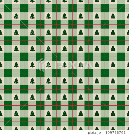 Green Christmas plaid seamless pattern with Christmas tree. Vector cozy winter checkered repeat background. Green Christmas plaid seamless pattern with Christmas tree. Vector cozy winter checkered repeat background. 109736761