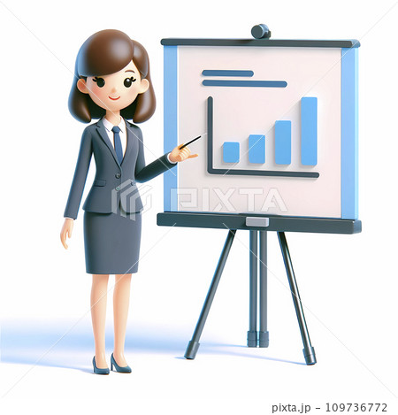 プレゼンテーションを行う女性会社員のシンプルな3Dイラスト。AI画像。 109736772