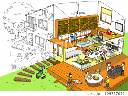 空き家を利活用してシェアハウスにリノベーションしたビフォーアフターのイラスト 空き家を利活用してシェアハウスにリノベーションしたビフォーアフターのイラスト 109737032