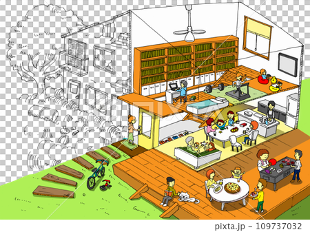 空き家を利活用してシェアハウスにリノベーションしたビフォーアフターのイラスト 空き家を利活用してシェアハウスにリノベーションしたビフォーアフターのイラスト 109737032