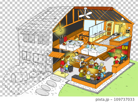 空き家の古民家を宿泊施設にリノベーションしたビフォーアフターのイラスト 空き家の古民家を宿泊施設にリノベーションしたビフォーアフターのイラスト 109737033