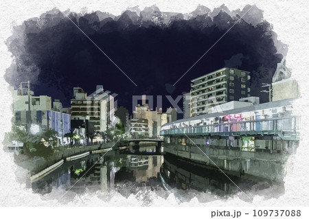 水彩画風　横浜　桜木町　野毛都橋商店街　ハーモニカ横丁　神奈川県横浜市 109737088