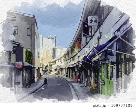水彩画風 横浜 桜木町 野毛都橋商店街 ハーモニカ横丁 神奈川県横浜市 水彩画風 横浜 桜木町 野毛都橋商店街 ハーモニカ横丁 神奈川県横浜市 109737109