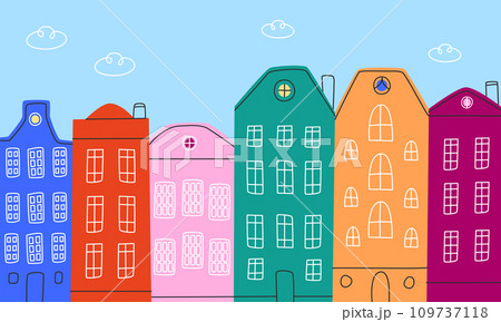 A set of doodle canal houses.Buildings pattern.Architecture of buildings line. Hand-drawn vector illustration. 109737118