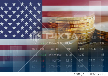 USA America flag with stock market finance, economy trend graph digital technology. 109737228