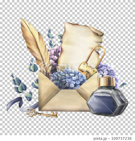 Writing supplies: papyrus paper, craft envelope, gold pen, ink in a glass jar, key with lock and hydrangea, eucalyptus flowers. Hand drawn watercolor illustration. Composition on a white background. Writing supplies: papyrus paper, craft envelope, gold pen, ink in a glass jar, key with lock and hydrangea, eucalyptus flowers. Hand drawn watercolor illustration. Composition on a white background. 109737236