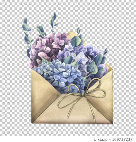 Pink, blue, lilac hydrangea flowers, eucalyptus branches in a craft brown envelope with a jute bow. Hand drawn watercolor illustration. Isolated composition on a white background. 109737237