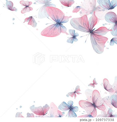 Butterflies are pink, blue, lilac, flying, delicate with wings and splashes of paint. Hand drawn watercolor illustration. Frame square, template, wreath on a white background, for design. 109737338