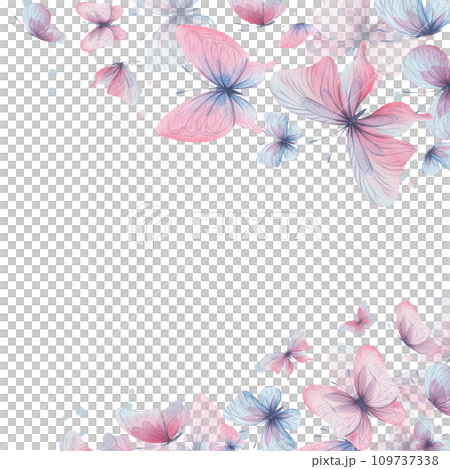 Butterflies are pink, blue, lilac, flying, delicate with wings and splashes of paint. Hand drawn watercolor illustration. Frame square, template, wreath on a white background, for design. 109737338