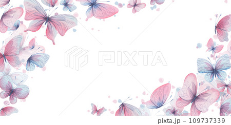 Butterflies are pink, blue, lilac, flying, delicate with wings and splashes of paint. Hand drawn watercolor illustration. Frame, template, wreath on a white background, for design. Butterflies are pink, blue, lilac, flying, delicate with wings and splashes of paint. Hand drawn watercolor illustration. Frame, template, wreath on a white background, for design. 109737339