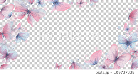 Butterflies are pink, blue, lilac, flying, delicate with wings and splashes of paint. Hand drawn watercolor illustration. Frame, template, wreath on a white background, for design. Butterflies are pink, blue, lilac, flying, delicate with wings and splashes of paint. Hand drawn watercolor illustration. Frame, template, wreath on a white background, for design. 109737339
