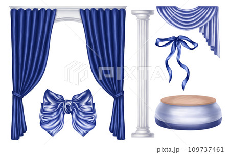A set of draped items made of blue shiny fabric. Curtains, silk ribbons, bows, columns and pedestals. Decorations for interior, for windows, theatrical costumes and halls. Isolated illustration 109737461