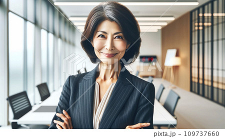 成功し自信に満ちた笑顔の50代の日本人女性のポートレート。AI画像。 109737660