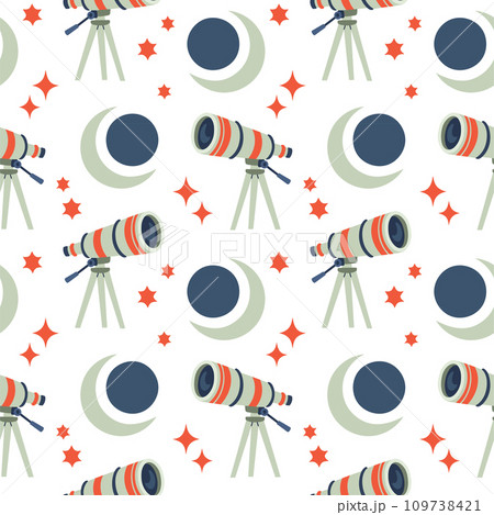 Moon Solar Eclipse Telescope seamless pattern in flat cartoon style for kids, scrapbooking, nursery room 109738421