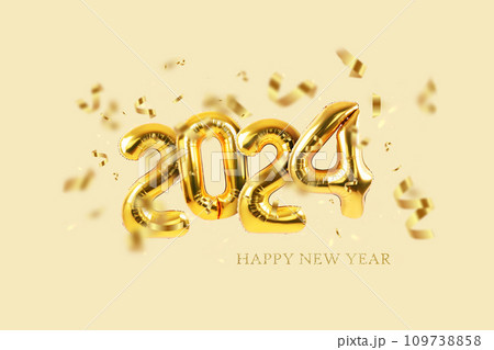Happy New Year 2024 helium balloons with confetti on a beige background. New Year and Christmas, creative idea Happy New Year 2024 helium balloons with confetti on a beige background. New Year and Christmas, creative idea 109738858
