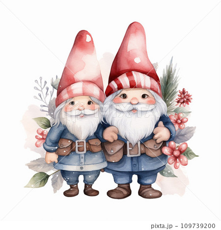 Watercolor Christmas gnomes. Hand painted - Stock