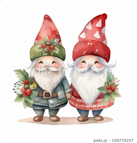 Watercolor Christmas gnomes. Hand painted illustration isolated on white background 109739207