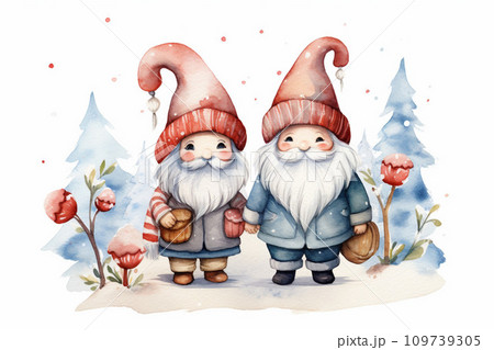 Watercolor Christmas gnomes. Hand painted illustration isolated on white background Watercolor Christmas gnomes. Hand painted illustration isolated on white background 109739305