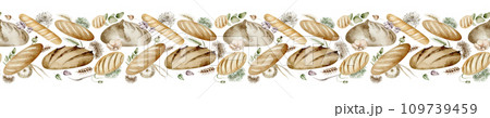 Watercolor seamless border of baking bread. Hand drawn wheat product. Horizontal background of baguette and food on isolated background. Drawing design for cafes and restaurants. 109739459