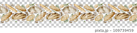 Watercolor seamless border of baking bread. Hand drawn wheat product. Horizontal background of baguette and food on isolated background. Drawing design for cafes and restaurants. 109739459