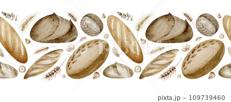 Watercolor seamless border of baking bread. Hand drawn wheat product. Horizontal background of baguette and food on isolated background. Drawing design for cafes and restaurants. 109739460