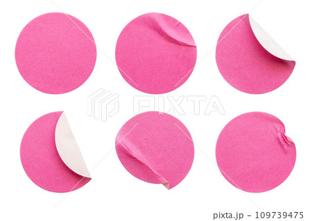 Blank pink round adhesive paper sticker label set collection isolated on white background 109739475