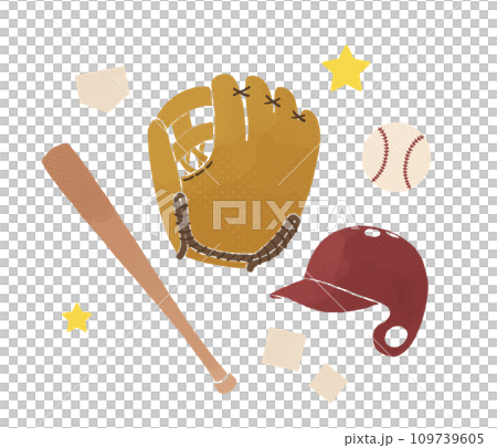 赤いバッター用ヘルメットとグローブ 109739605