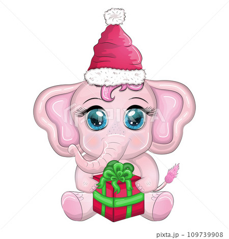 Cute cartoon elephant, childish character with beautiful eyes wearing santa hat, scarf, holding gift, christmas ball Cute cartoon elephant, childish character with beautiful eyes wearing santa hat, scarf, holding gift, christmas ball 109739908