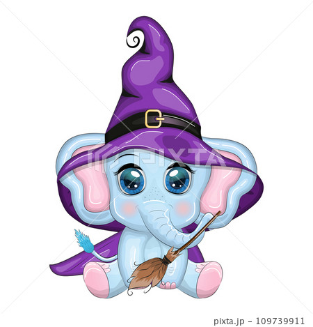 Cute cartoon elephant, childish character in wizard hat with pumpkin, potion or broom, halloween 109739911